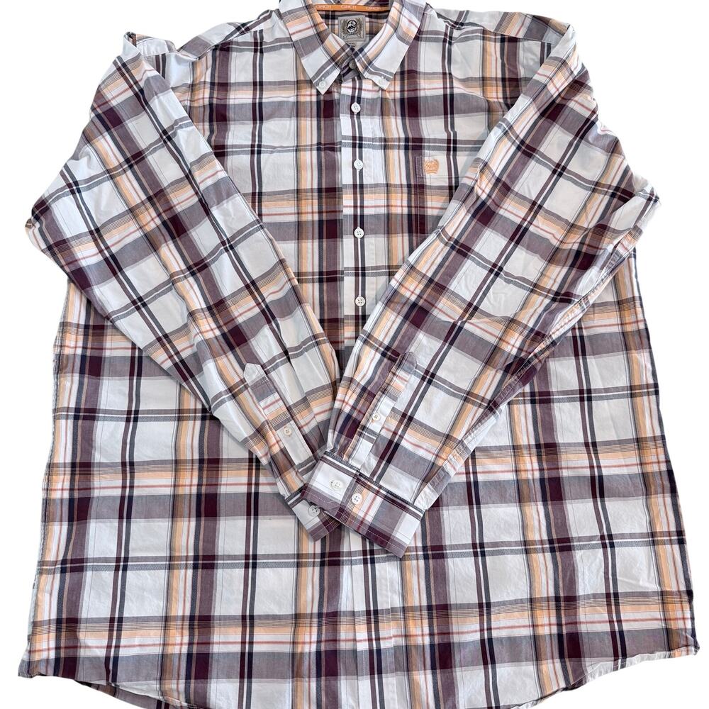 Cinch Men's XXL Plaid Button Down Shirt Orange Burgundy Gray Long Sleeve Western
